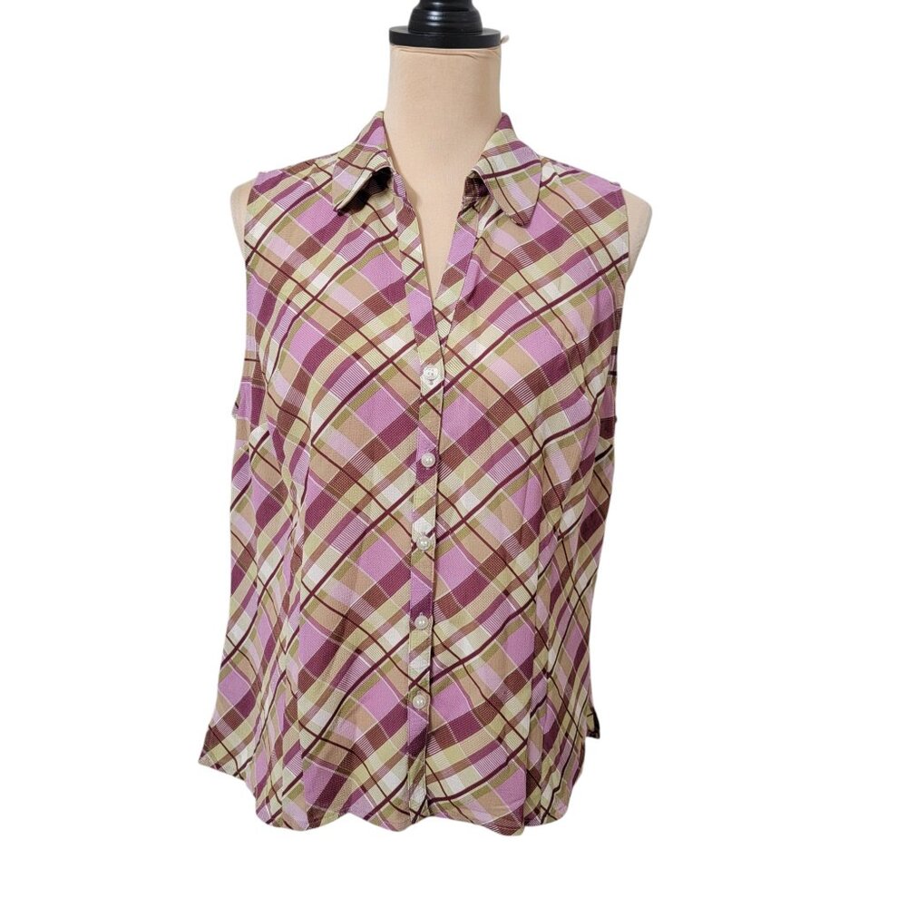 Emma James Size 16 Purple, Green, White Semi Sheer Sleeveless Button Down Shirt